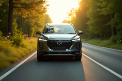 SUV hybride moderne sur une route en nature ensoleillée