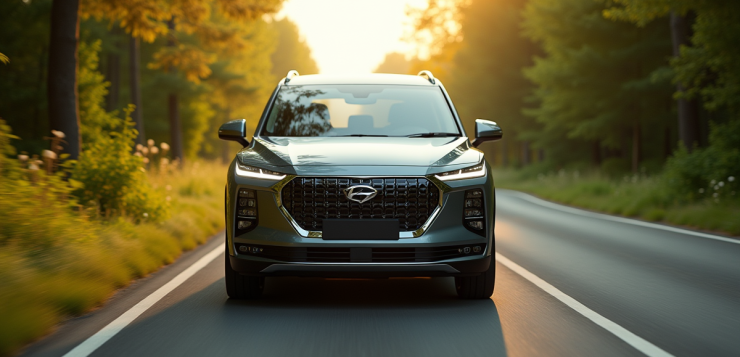 SUV hybride moderne sur une route en nature ensoleillée
