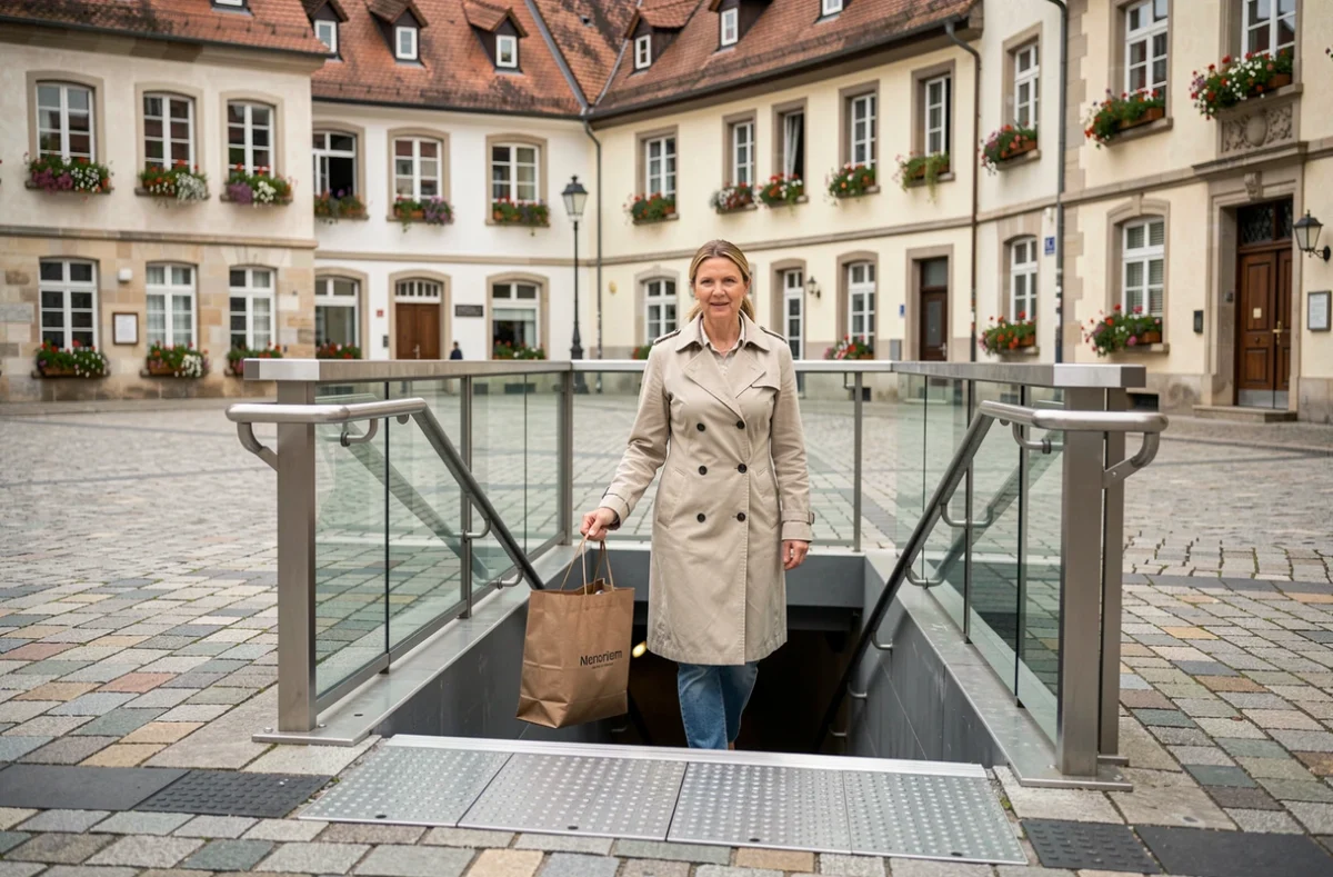 Accès piéton du parking Rapp à Colmar, femme entrant par l'escalier en plein centre-ville alsacien