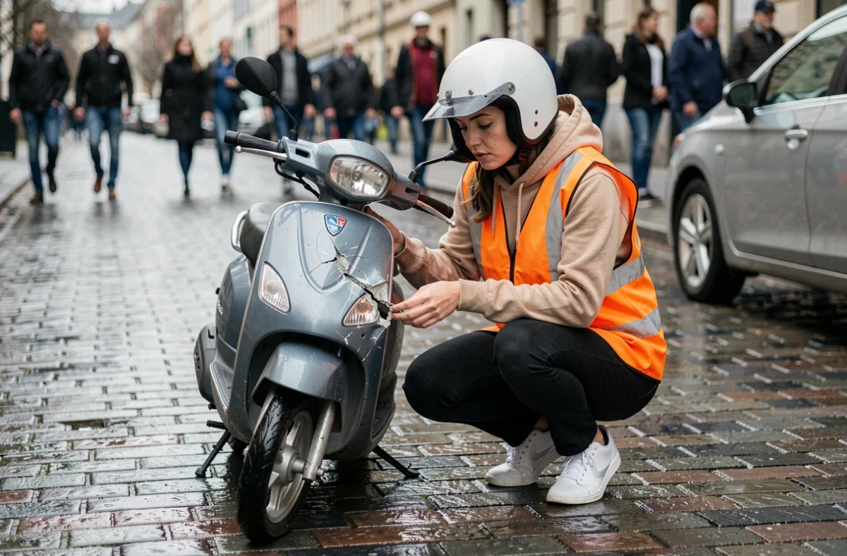 Conductrice de scooter 50cc examinant les dégâts après un accident justifiant une assurance tous risques