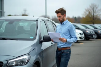 Jeune homme inspectant une voiture d'occasion dans un parking de concession automobile