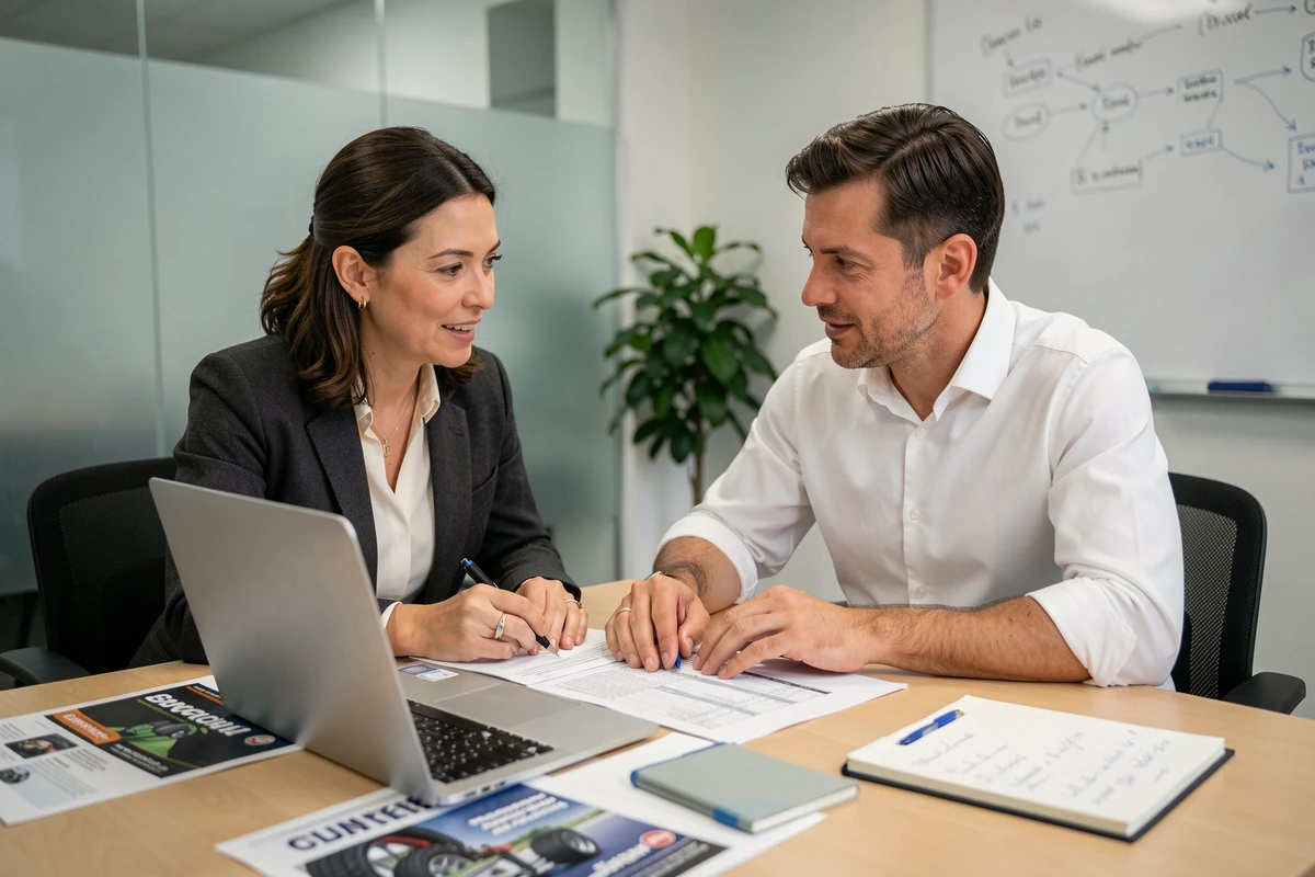 Deux acheteurs professionnels en réunion pour optimiser leurs achats de pneus en gros sur la plateforme Maxityre