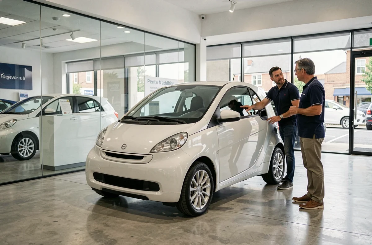 Agent de location expliquant les caractéristiques d'une voiture sans permis électrique dans une agence moderne