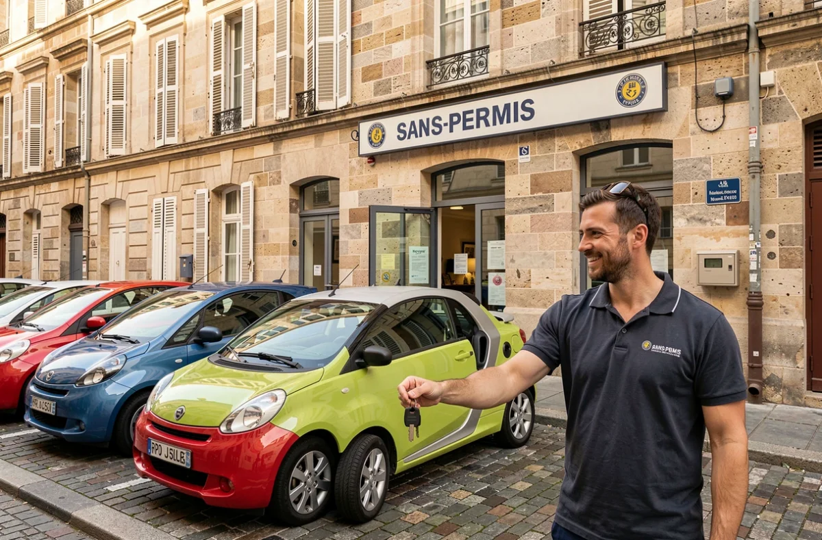 Agence de location de voiture sans permis à Toulouse avec employé remettant les clés