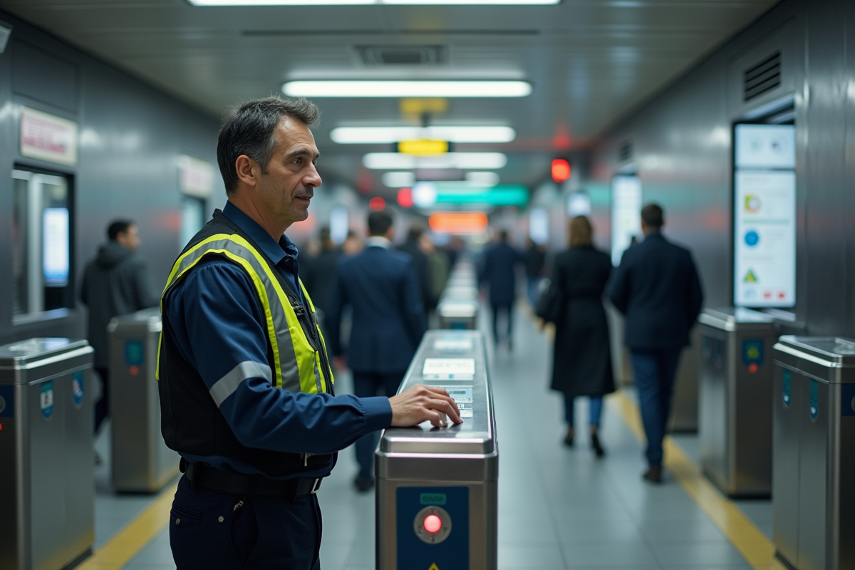 Agent de sécurité en uniforme contrôle un passager dans une station
