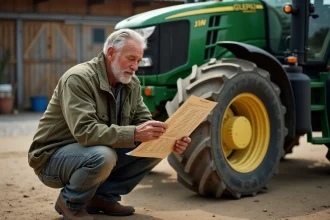 Agriculteur consultant un tableau de conversion CC en CV à côté d'un tracteur agricole dans une cour de ferme