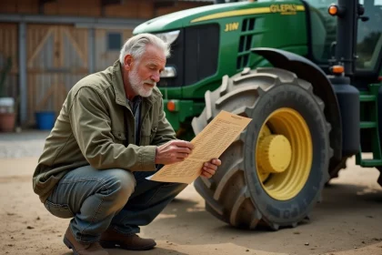 Agriculteur consultant un tableau de conversion CC en CV à côté d'un tracteur agricole dans une cour de ferme