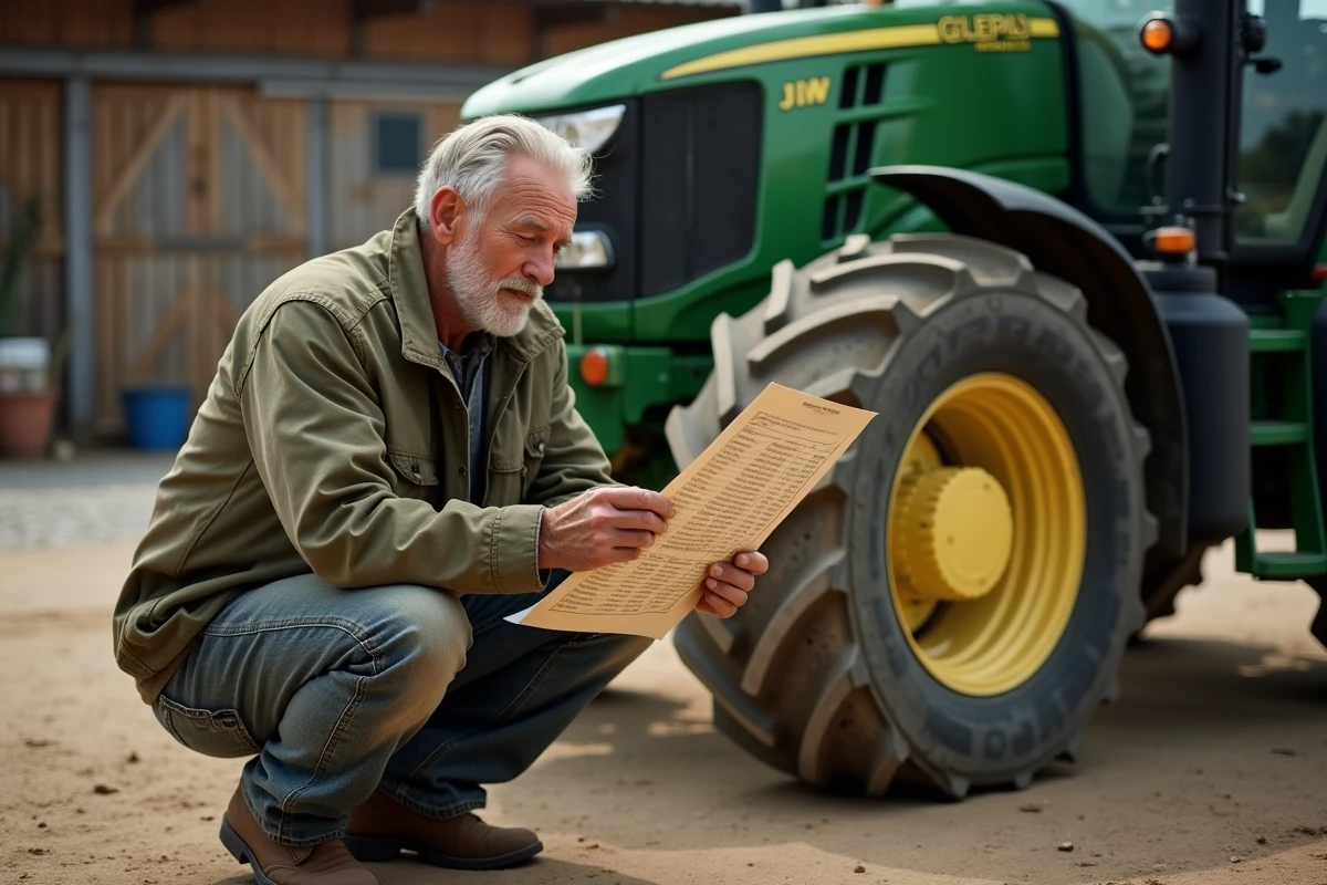 Agriculteur consultant un tableau de conversion CC en CV à côté d'un tracteur agricole dans une cour de ferme
