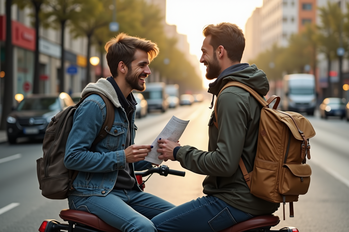 Amis avec sacs à dos regardant une carte près d une moto vintage
