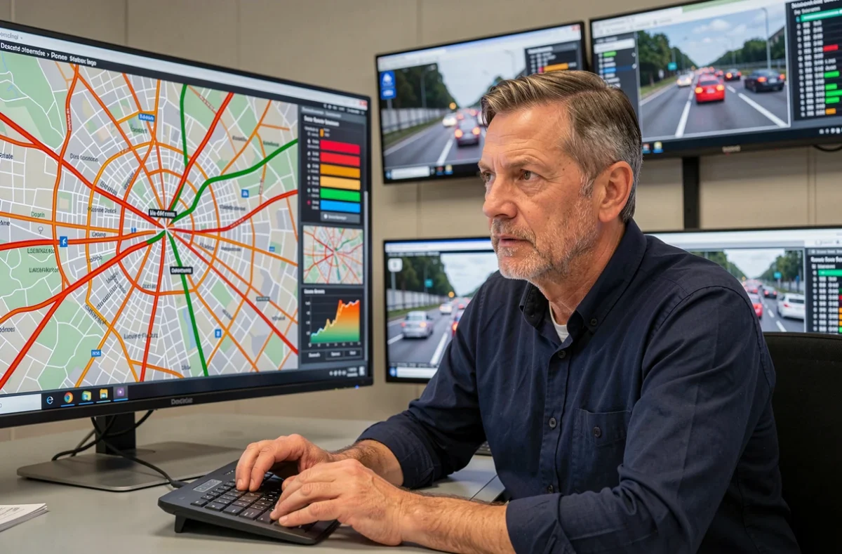 Analyste trafic surveillant les données de congestion en temps réel sur le système Sytadin en Île-de-France