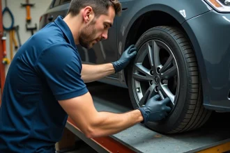 Homme appliquant un film vinyle de protection sur une jante en alliage gris dans un garage privé