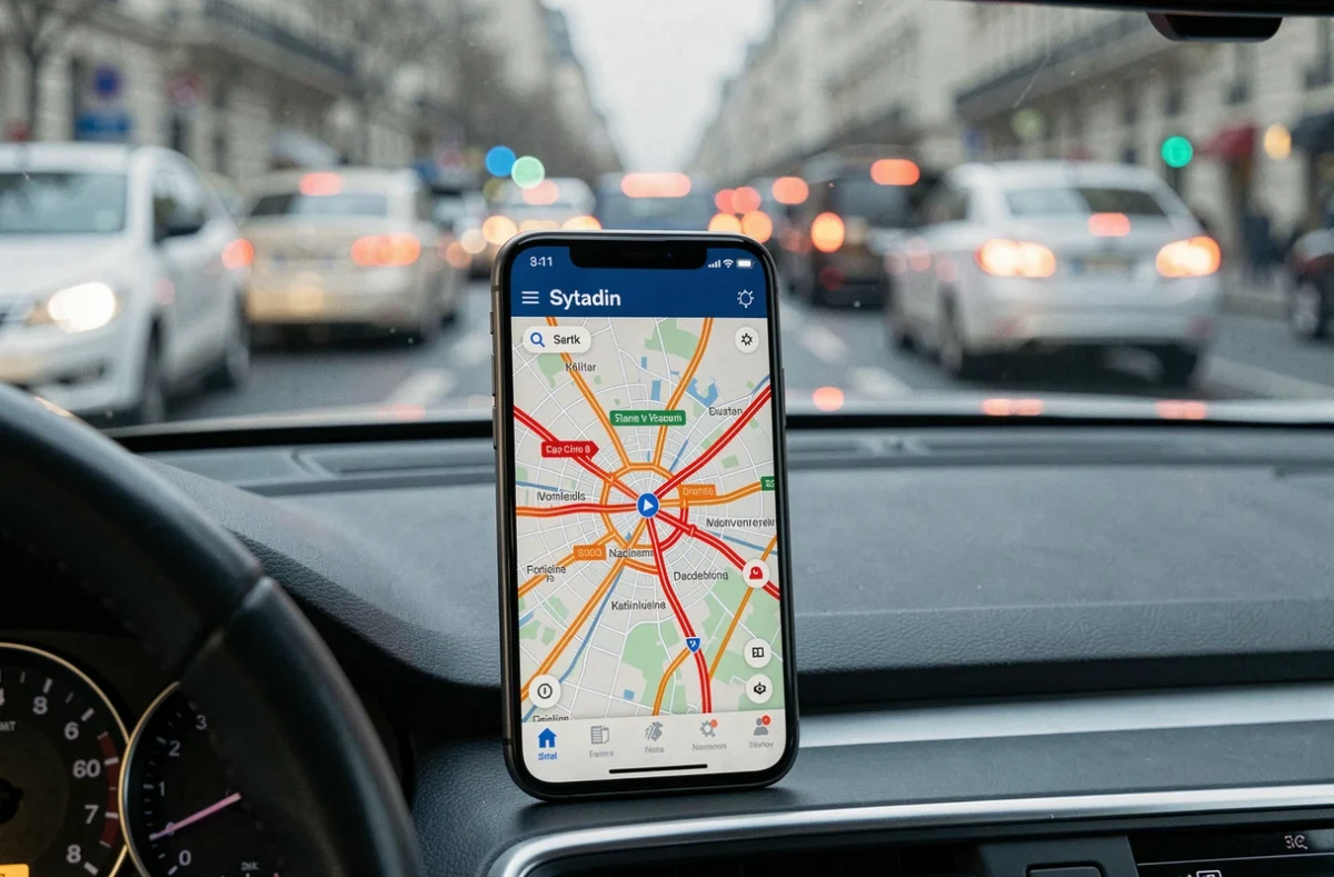 Application Sytadin affichée sur smartphone dans une voiture prise dans les embouteillages parisiens