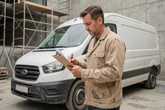 Artisan du BTP debout près de son véhicule utilitaire blanc consultant des documents d'assurance sur un chantier