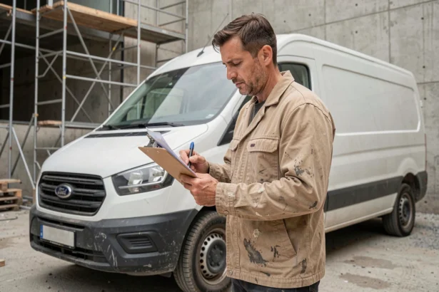 Artisan du BTP debout près de son véhicule utilitaire blanc consultant des documents d'assurance sur un chantier