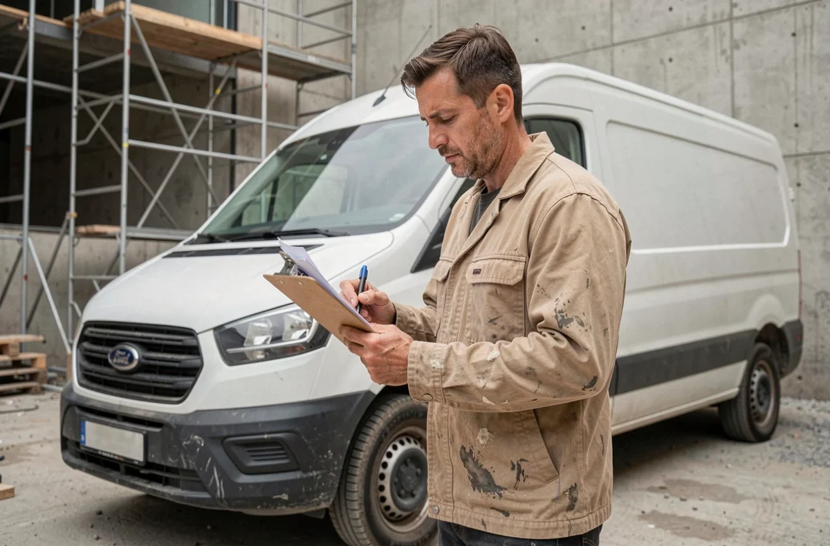 Artisan du BTP debout près de son véhicule utilitaire blanc consultant des documents d'assurance sur un chantier