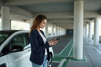 Femme consultant son assurance auto sur smartphone à côté d'une voiture électrique en cours de charge dans un parking souterrain