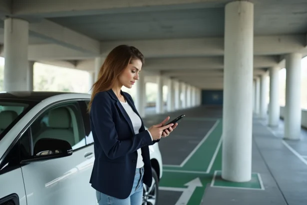 Femme consultant son assurance auto sur smartphone à côté d'une voiture électrique en cours de charge dans un parking souterrain