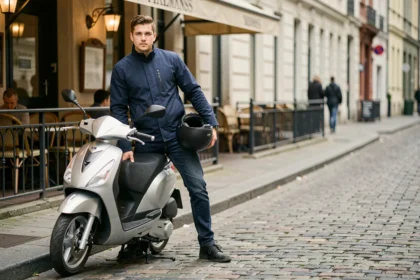 Jeune homme avec un scooter 125cc garé en ville, illustrant le coût de l'assurance scooter