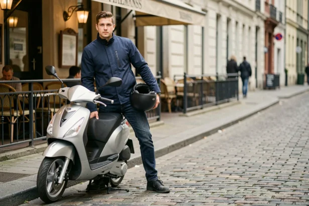 Jeune homme avec un scooter 125cc garé en ville, illustrant le coût de l'assurance scooter