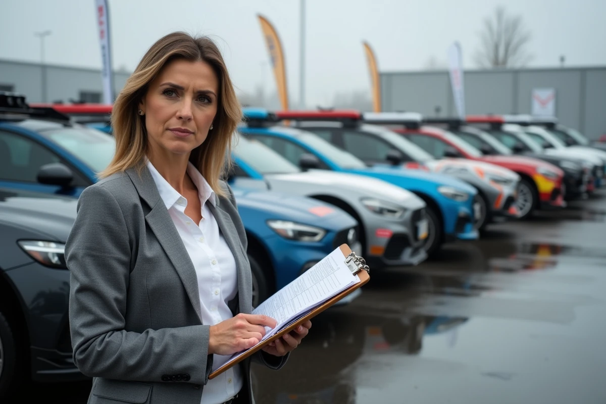 Femme expert en assurance examinant des documents devant des voitures de rallye d'occasion dans un parking de concession