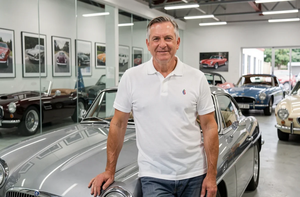 Propriétaire passionné d'Auto Passion appuyé contre une voiture classique dans un showroom de garage soigné