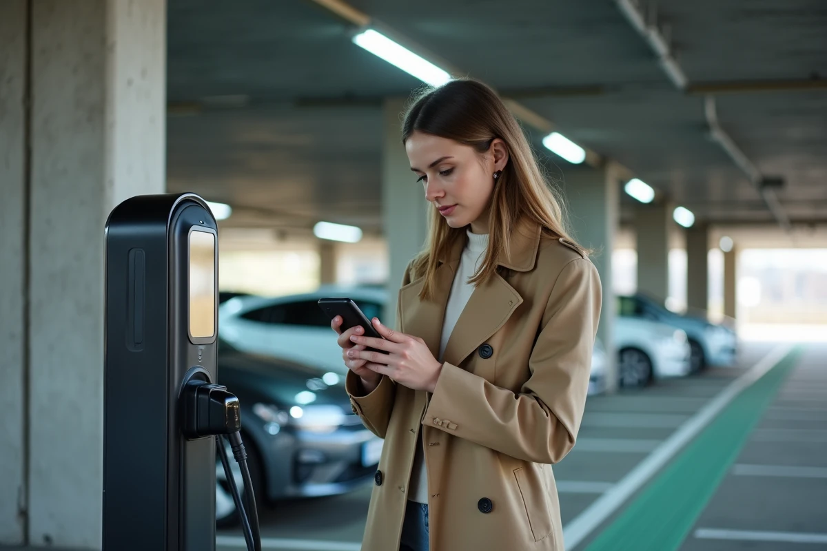 Femme consultant une borne de recharge électrique Carrefour sur écran tactile dans un parking couvert