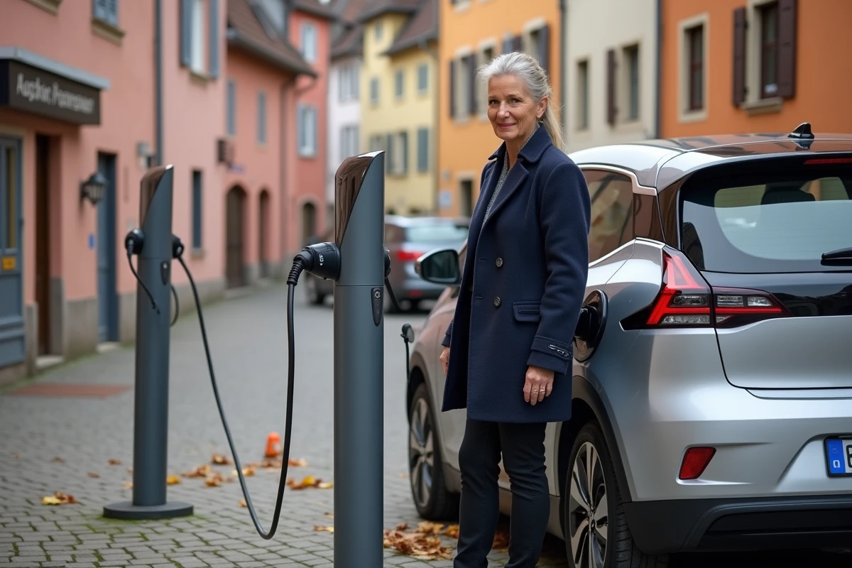 Femme branchant sa voiture électrique sur une borne de recharge en centre-ville de Colmar