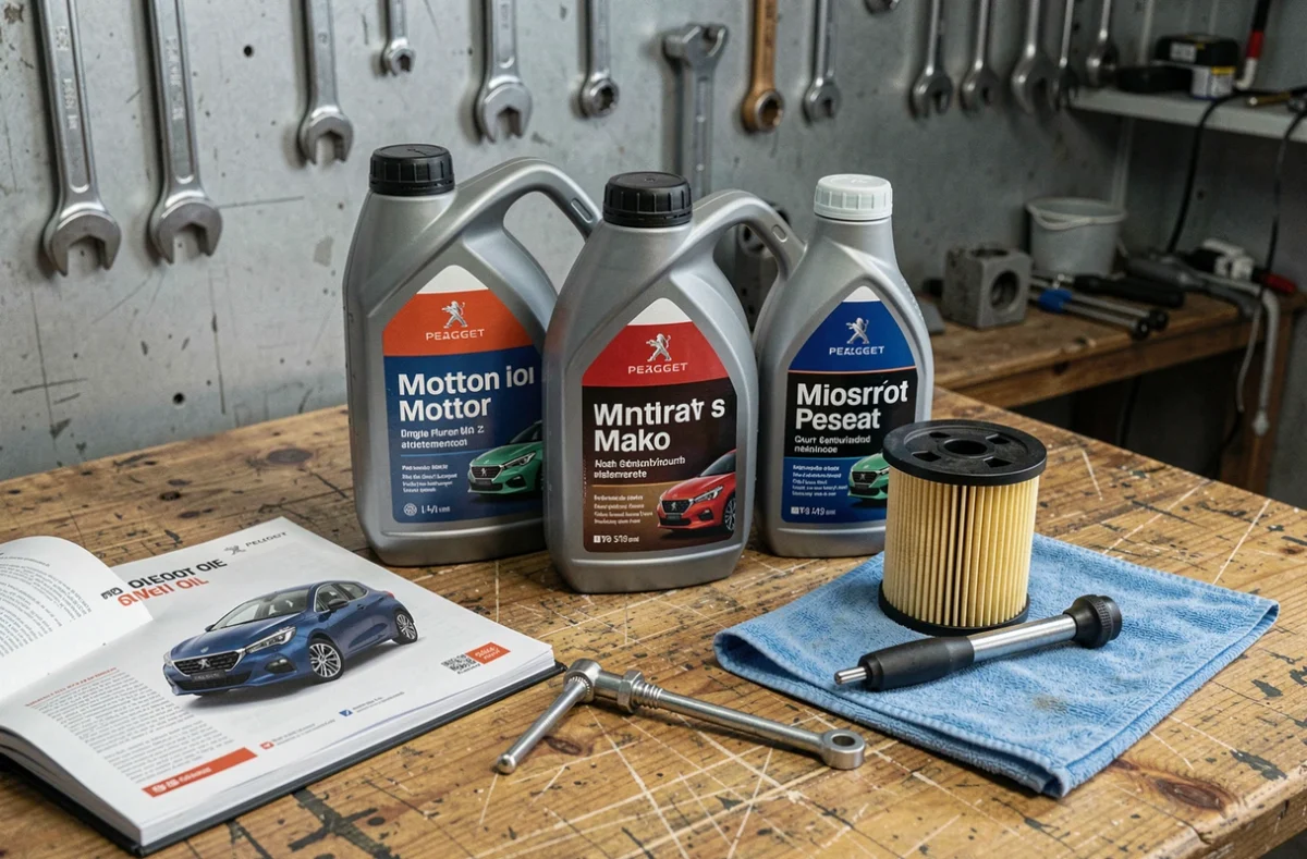 Bouteilles d'huile moteur pour Peugeot 208 essence posées sur un établi avec manuel du propriétaire et filtre à huile