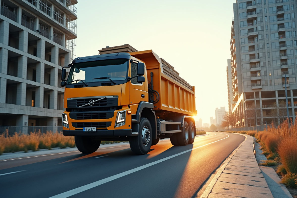 Camion de construction de 19 tonnes sur la route vers un bâtiment