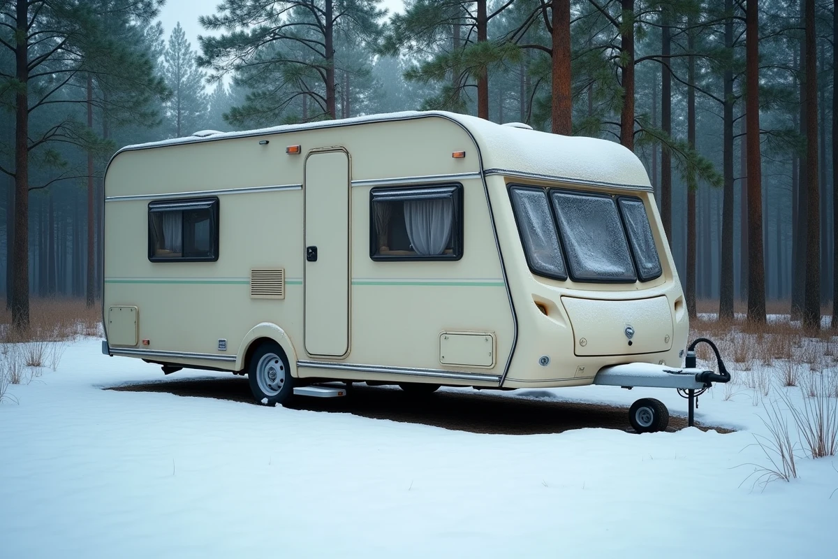 Caravane d'occasion stationnée sur un emplacement enneigé en forêt de pins avec branchement électrique pour l'hivernage