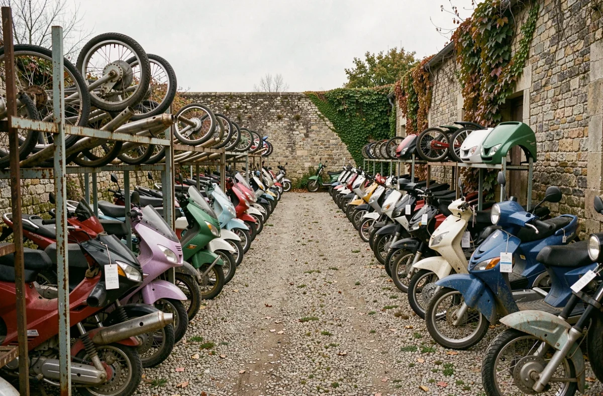 Casse moto en plein air avec rangées de scooters et motos 125 démontés en France