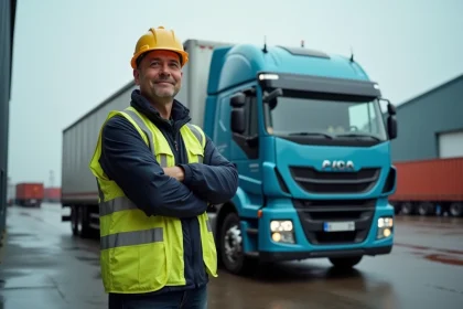 Chauffeur routier devant un camion poids lourd 38 tonnes dans un dépôt logistique, illustrant le renouvellement de flotte de camions