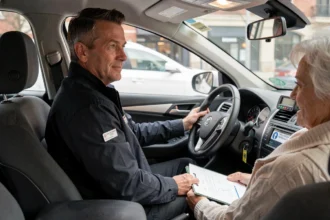 Chauffeur de taxi conventionné au volant avec une patiente âgée tenant un dossier médical, intérieur de véhicule propre avec taximètre visible