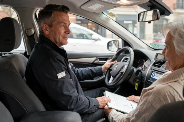 Chauffeur de taxi conventionné au volant avec une patiente âgée tenant un dossier médical, intérieur de véhicule propre avec taximètre visible