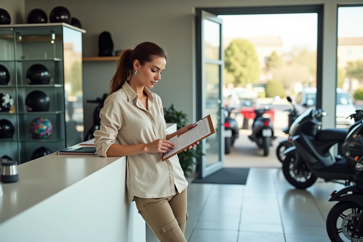 Femme vérifiant une check-list dans une agence de location de moto à Agde avant de prendre possession du véhicule