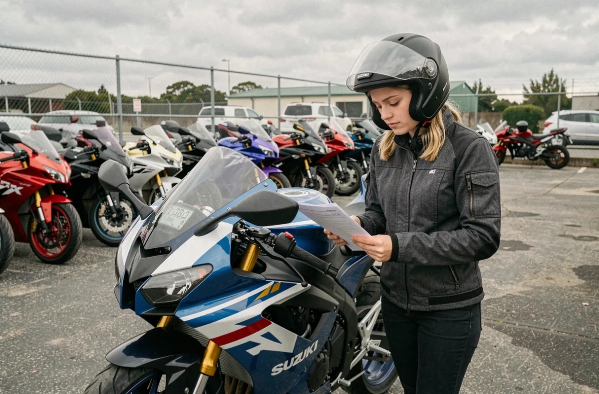 Femme consulte une liste de vérification avant d'acheter une Suzuki GSX-R chez un concessionnaire d'occasion