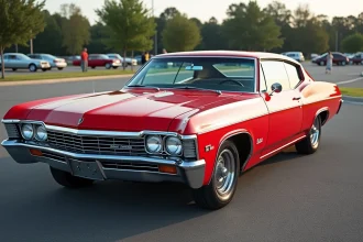 Chevrolet Impala 1967 4 portes rouge candy en trois quarts avant lors d'un salon de voitures anciennes