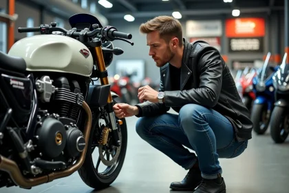 Motard examinant attentivement le badge de cylindrée d'une moto puissante dans une concession moderne