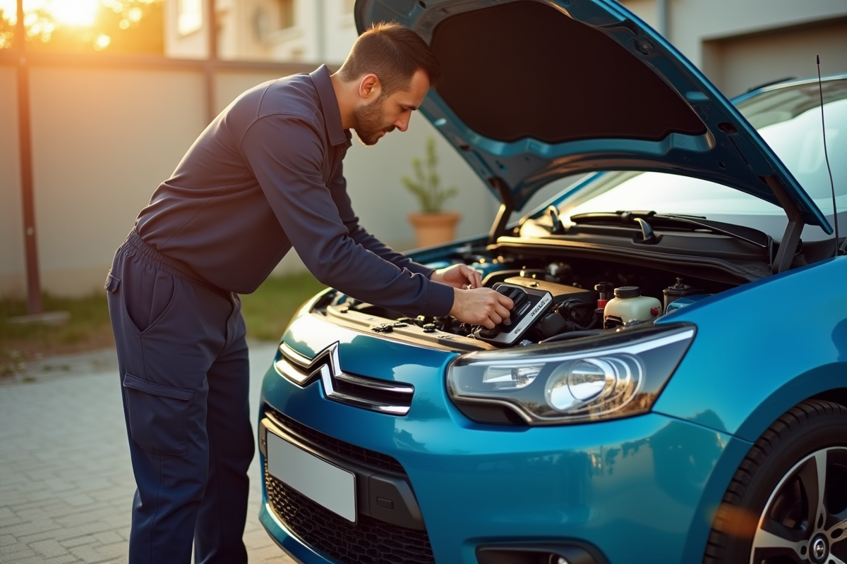 Voiture Citroën avec capot ouvert et mécanicien utilisant un outil de diagnostic