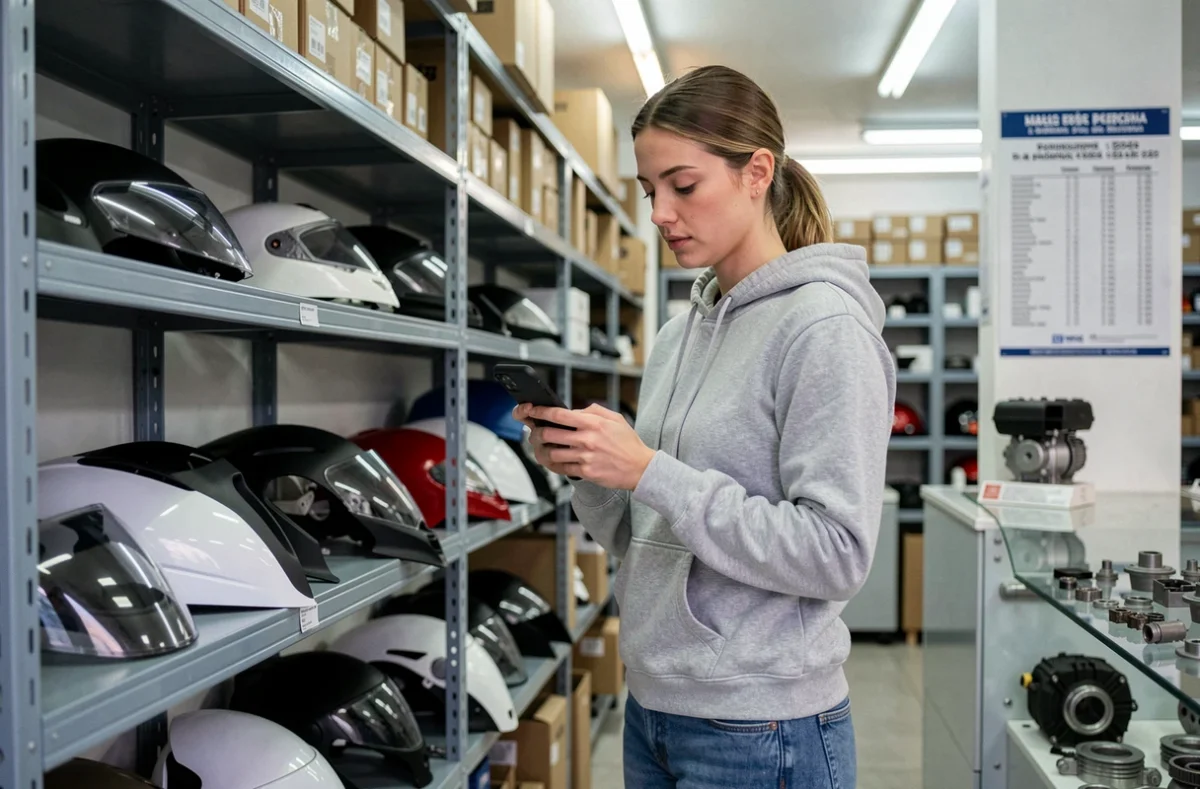 Femme cherchant des pièces détachées pour moto 125 dans une casse moto française