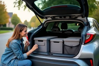 Coffre du Toyota C-HR ouvert avec système de rangements modulaires et séparateurs en tissu, femme organisant ses affaires au bord du hayon