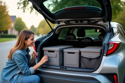 Coffre du Toyota C-HR ouvert avec système de rangements modulaires et séparateurs en tissu, femme organisant ses affaires au bord du hayon
