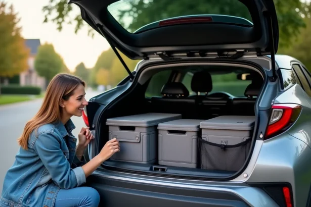 Coffre du Toyota C-HR ouvert avec système de rangements modulaires et séparateurs en tissu, femme organisant ses affaires au bord du hayon
