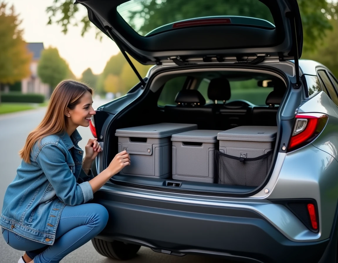 Coffre du Toyota C-HR ouvert avec système de rangements modulaires et séparateurs en tissu, femme organisant ses affaires au bord du hayon