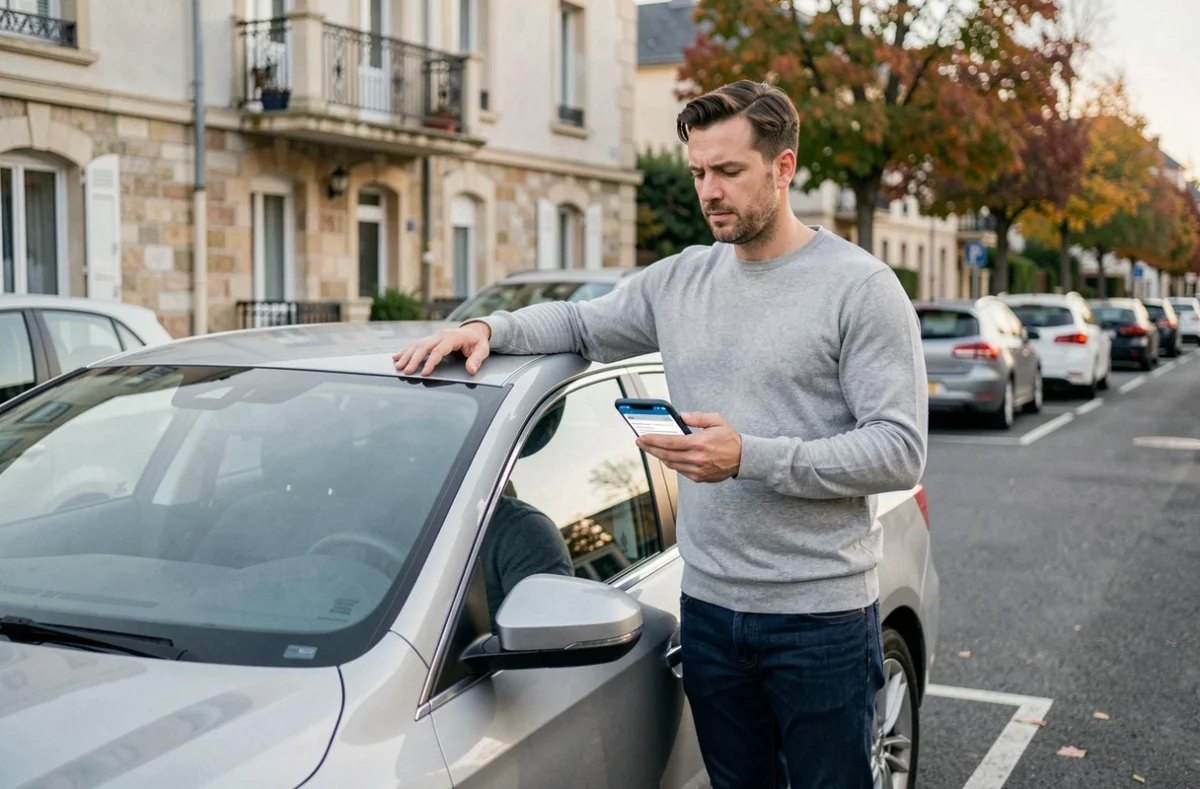 Homme debout près de sa voiture consultant une application de comparaison d'assurance sur son smartphone