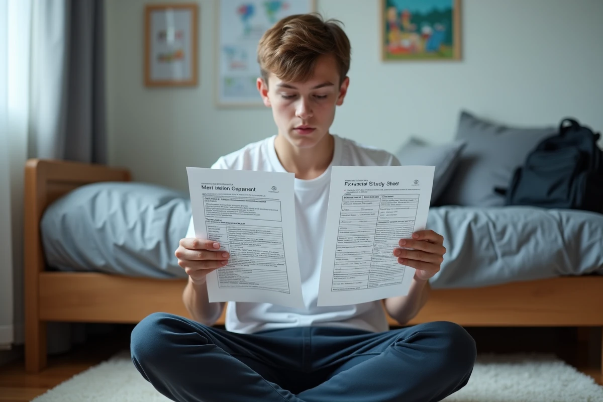 Adolescent comparant un document PDF officiel du permis et une fiche simplifiée de révision posés sur le sol de sa chambre