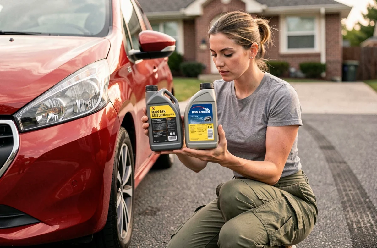 Femme comparant deux bouteilles d'huile moteur pour Peugeot 208 essence sur un parking résidentiel