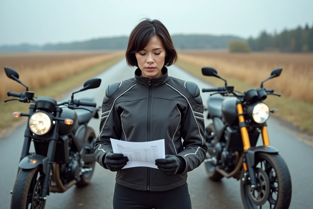 Femme comparant les fiches techniques de deux motos puissantes sur une route de campagne