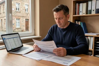 Homme comparant des offres d'assurance auto à Forbach, documents papier et ordinateur portable sur un bureau en bois