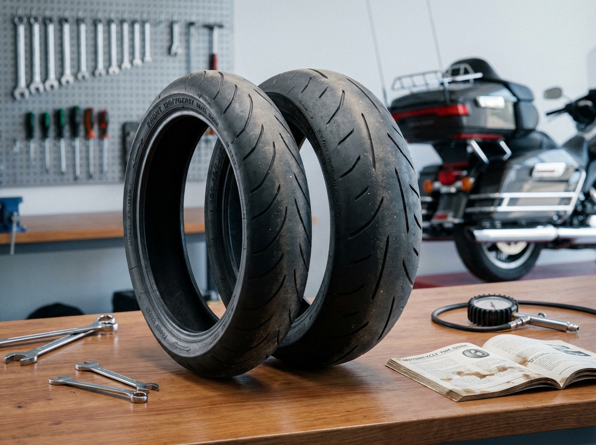 Comparaison visuelle entre un pneu avant et un pneu arrière de moto posés côte à côte sur un établi de garage